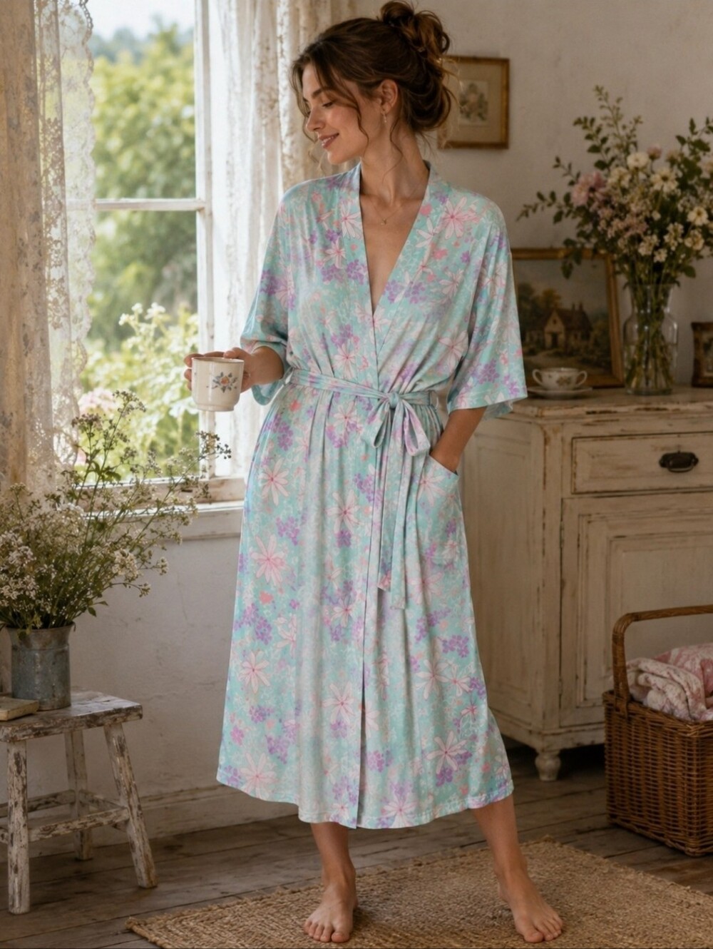 Coco Moon Hawaii Tiare Floral Mint Bamboo Loungewear Mama Robe M/L